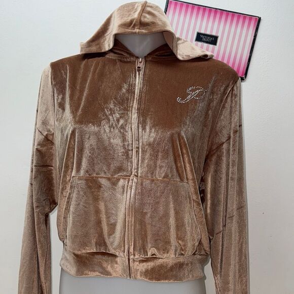 🔥PINK Victoria's Secret Brown Velvet Hoodie Sweater Sz XL New - Picture 1 of 4